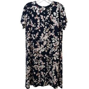 J JILL Wearever Collection Perfect T-Shirt Dress Large Navy Blue Waterfloral